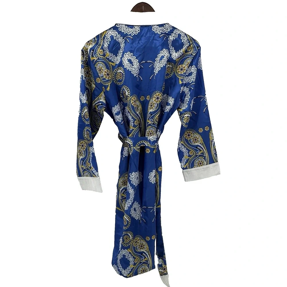 Corona Lounge Robe Mens M/L Blue And Gold Allover Paisley Print Satin